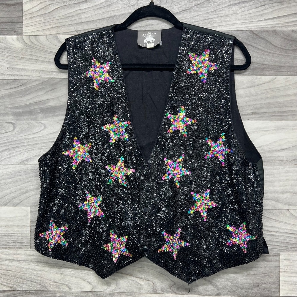 Vintage Drifter Jeans Vest Women's M Black‎ Sequin Embellished V-Neck Sleeveless
